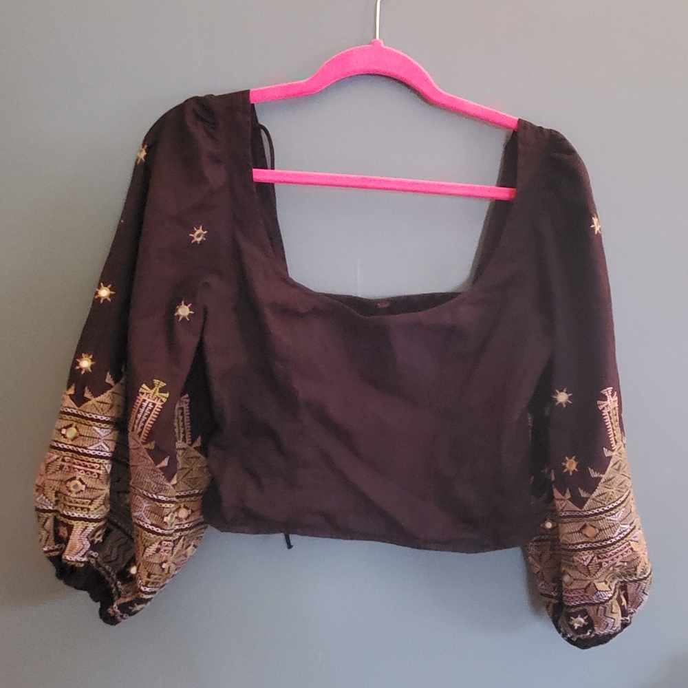 Black cotton boho crop top with embellished puff sleeves small